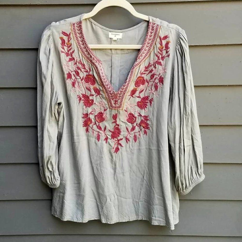 World Market Olive Embroidered Peasant Boho Top size LXL